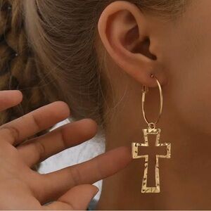 Gold Cross Hoop Earrings - Women's Jewelry. Made with zinc allow
